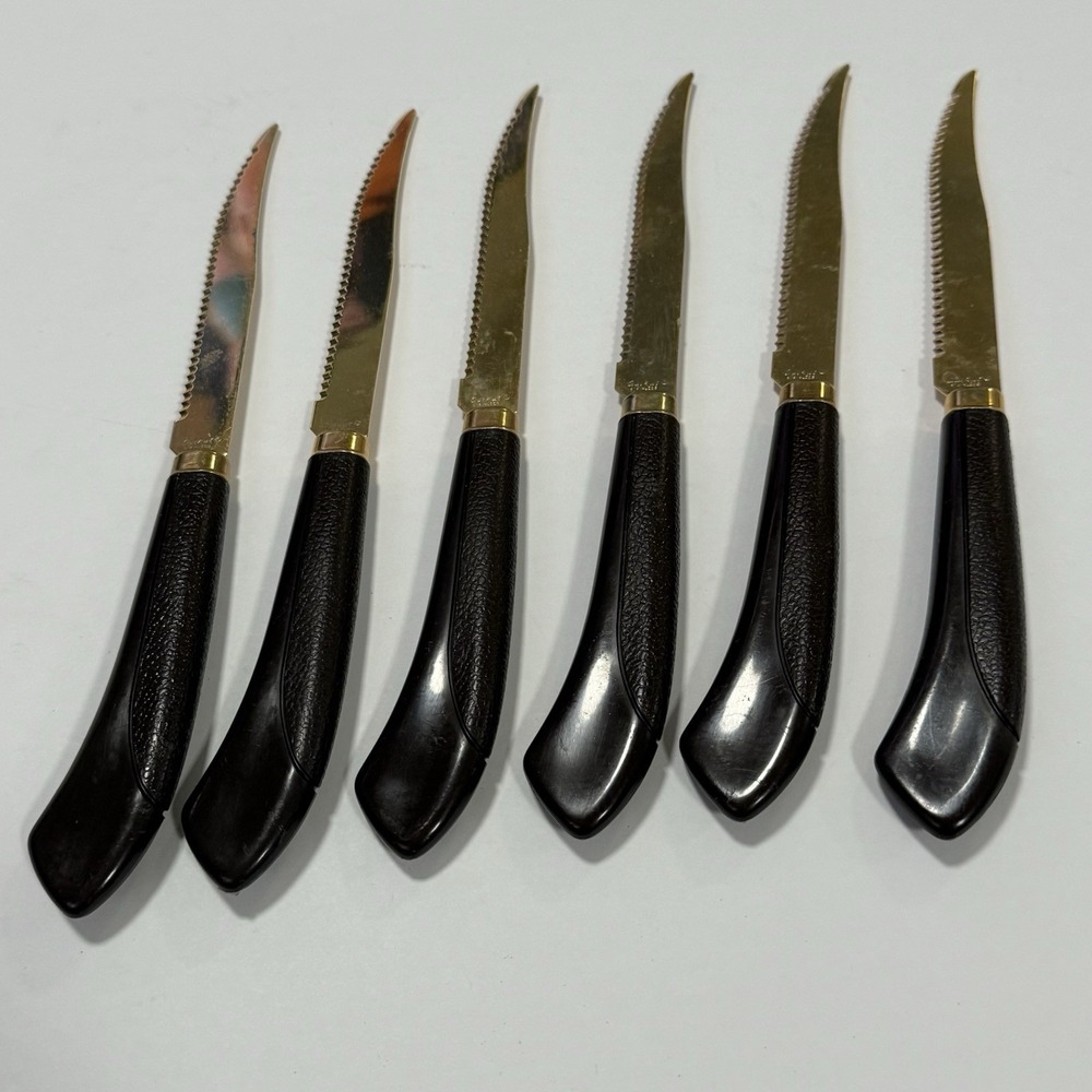 Quikut Gold Blade Faux Wood Handle Knives Set Of 6 Stainless USA